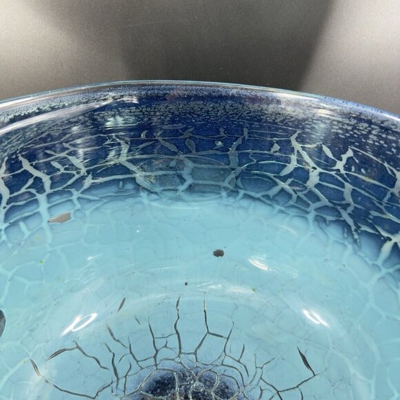 1987 Hand Blown Art Glass Large Bowl Dish Lava Glaze Finish Blue Black Signed - Picture 5 of 16